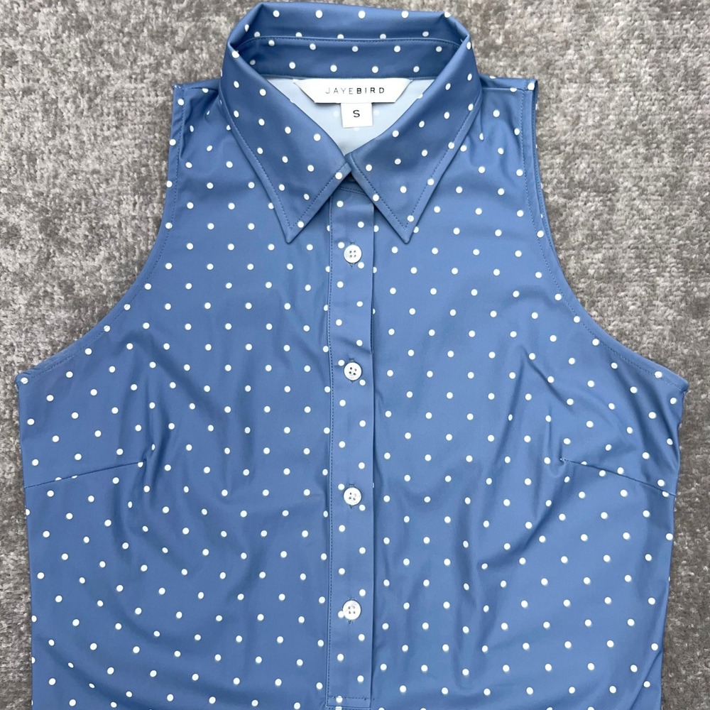 Jayebird Golf Polo Sleeveless Womens Small Polka Dot Blue White Button Up Top